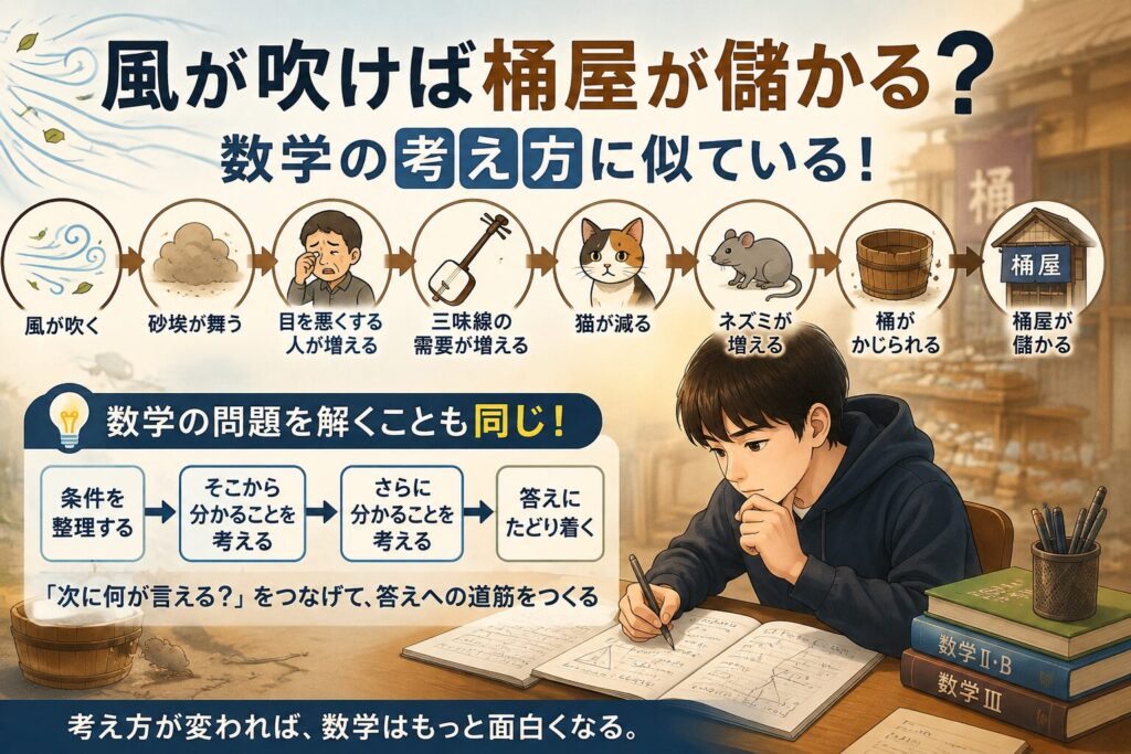 風が吹けば桶屋が儲かるということわざから数学の考える力を学ぶイメージ